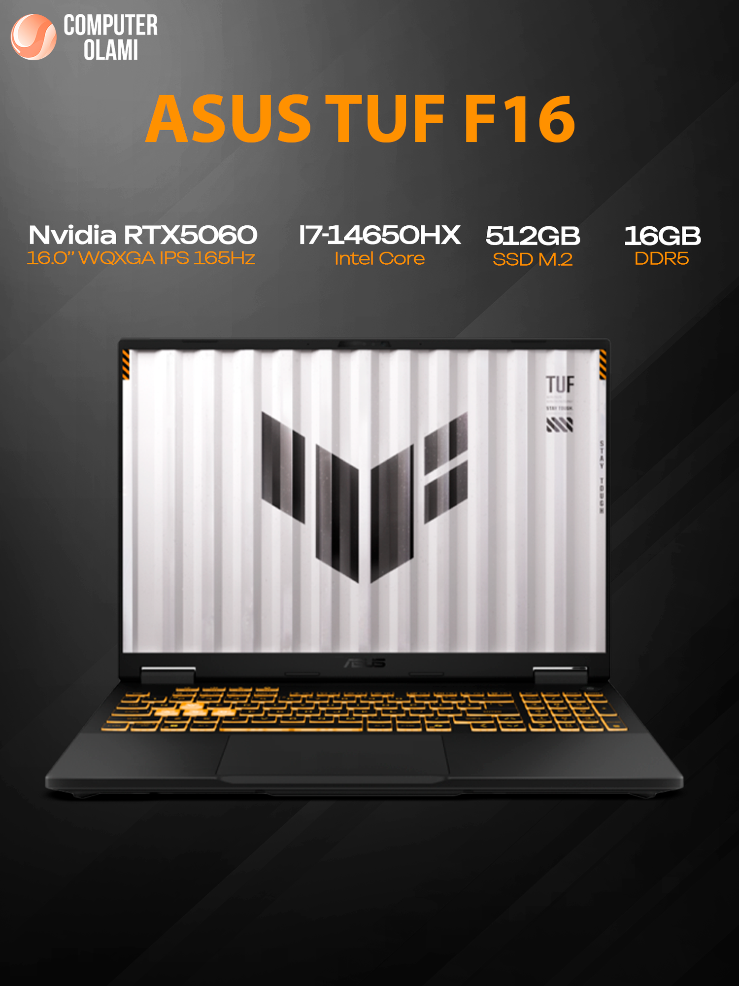 ASUS TUF F16 игровой ноутбук — i7‑14650HX, 16GB RAM, 512GB SSD, RTX 5060 8GB, 16″ WQXGA 165Hz, Windows 11