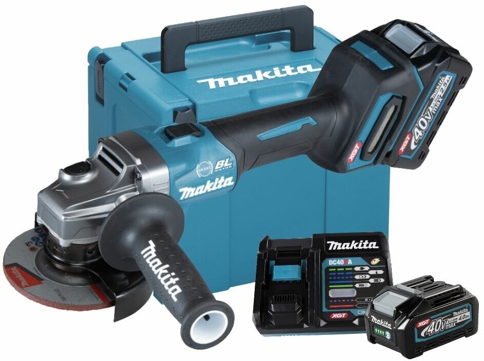 Аккумуляторная угловая шлифмашина Makita GA004GM201, 115 мм, 8500 об/мин, с 2 АКБ 4 Ач и ЗУ, в кейсе MakPac-4