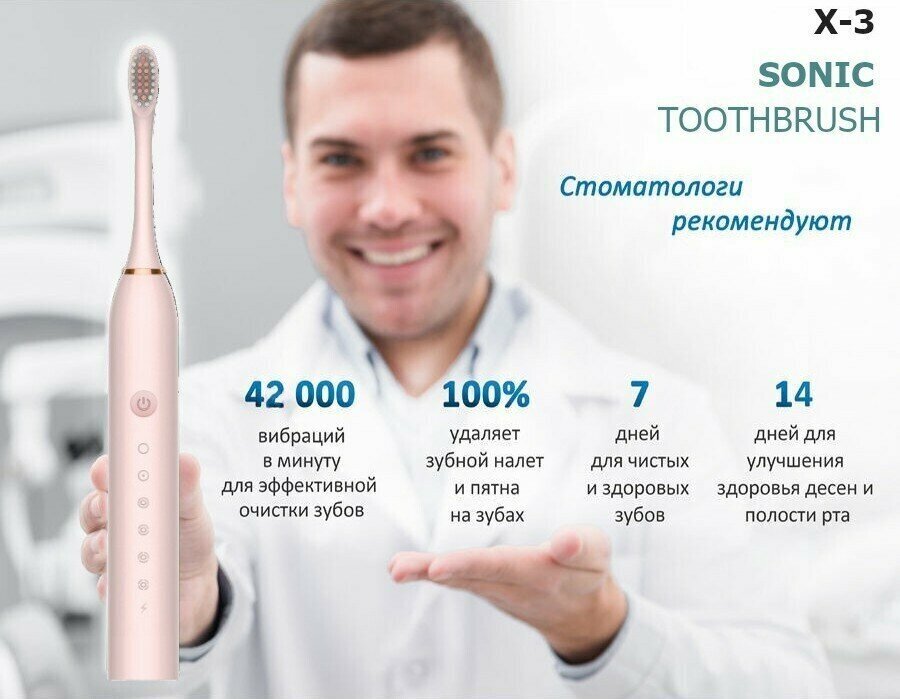 Звуковая зубная щетка Sonic Toothbrush Smarter X-3, розовая - фотография № 3