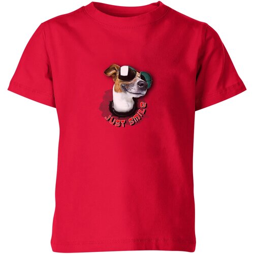 Детская футболка «Джек рассел - Just Smile, собаки, животные, приколы, терьер в очках» (164, красный)