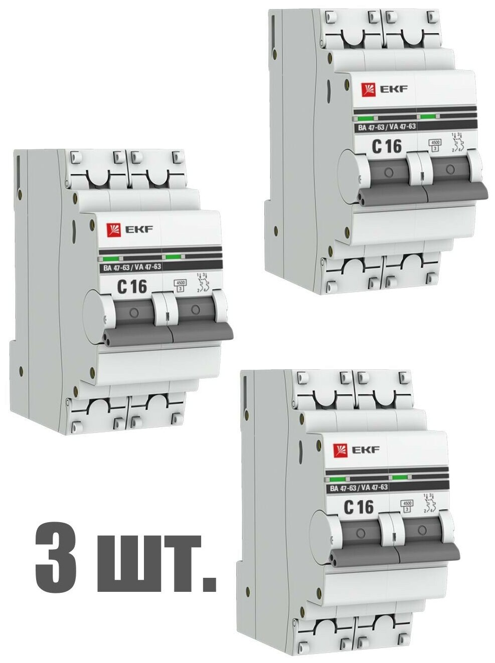 Автоматический выключатель EKF 2P 16А (C) 4,5kA ВА 47-63 EKF PROxima 3 штуки