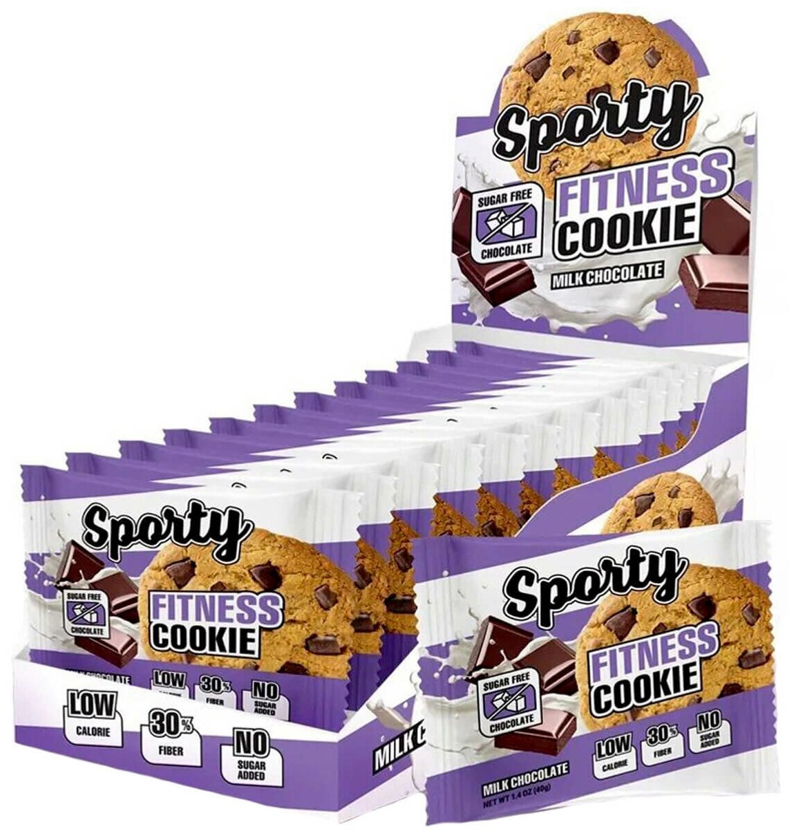 Sporty Fitness cookie Протеиновое печенье 12шт по 40г (Молочный шоколад) / Низкокалорийное фитнес печенье без сахара