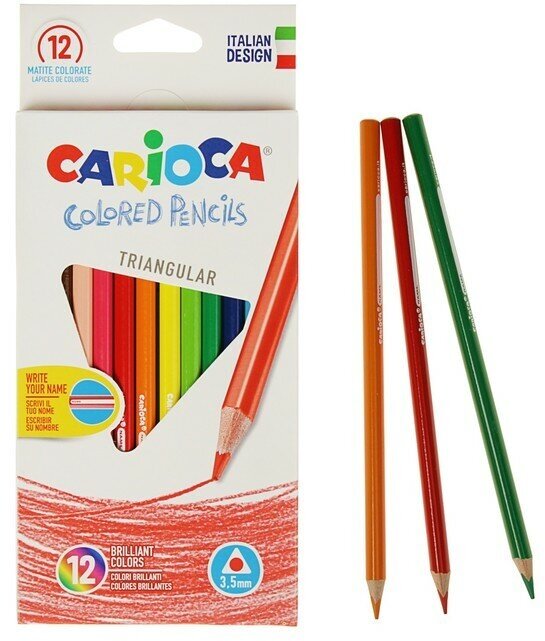 Карандаши 12 цветов Carioca, трёхгранные, деревянные, яркий ударопрочный грифель 3,5 мм, картонная упаковка