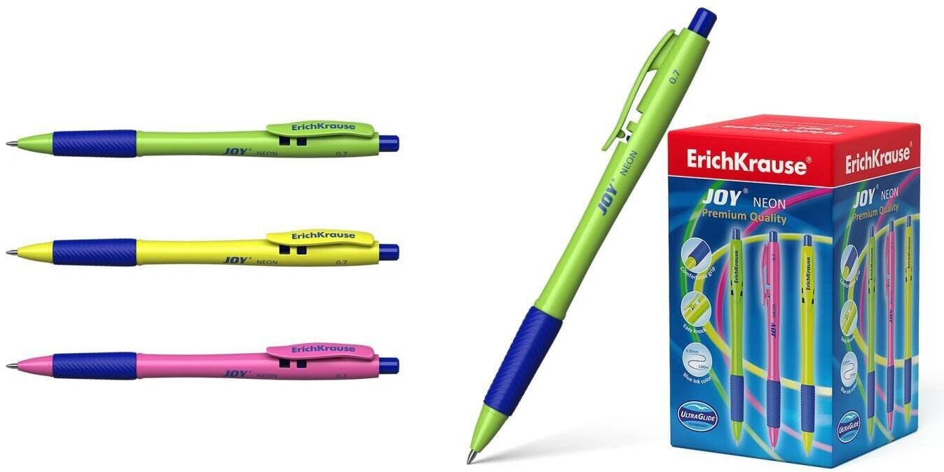 Ручка шариковая автоматическая ErichKrause JOY Neon, Ultra Glide Technology, цвет чернил синий (в коробке по 50 шт.)