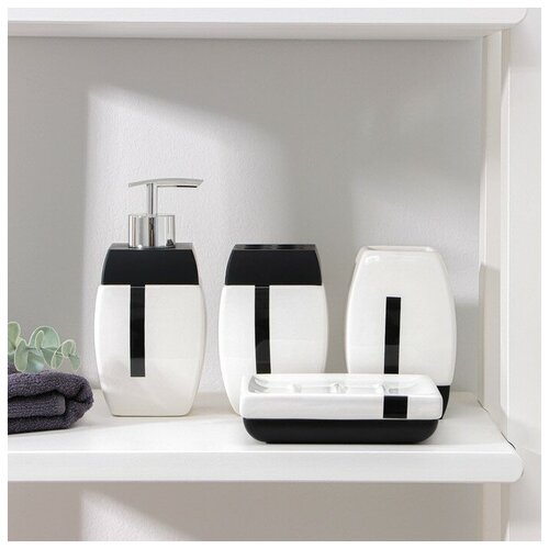 MARU Набор аксессуаров для ванной комнаты «Гармония», 4 предмета (дозатор 400 мл, мыльница, 2 стакана), цвет чёрно-белый