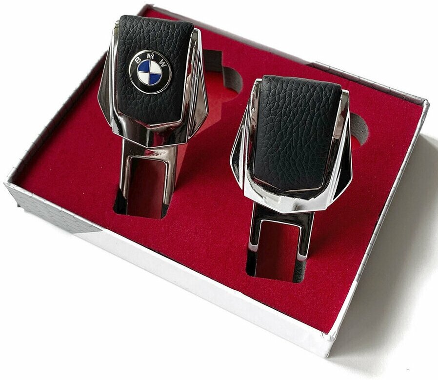 Заглушки ремней безопасности BMW (БМВ) Натуральная кожа, хромированный металл, в подарочной упаковке, 2 шт.