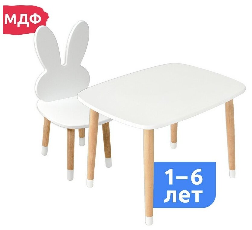Детский стол и стул из дерева Мега Тойс комплект стол и стул / Набор мебели для детской комнаты для малышей Кролик - фотография № 1