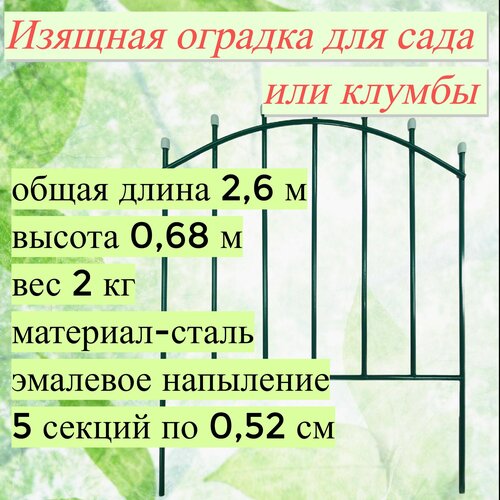 Металлический садово-парковый забор «Штакетник», 2,6м, 5 секций 0,68х0,52 м. Для декорирования садового участка. Секции забора вкапываются в грунт забор садово парковый металл вертикаль мини h 0 67 м l 2 575 м