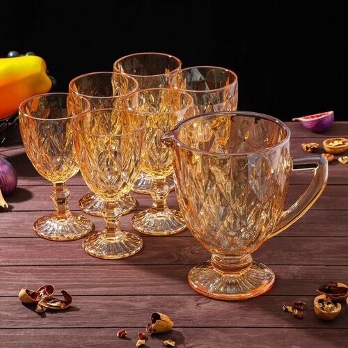 Набор питьевой из стекла Круиз, 7 предметов: кувшин 1,1 л, бокалы 300 мл, 6 шт, цвет золотой