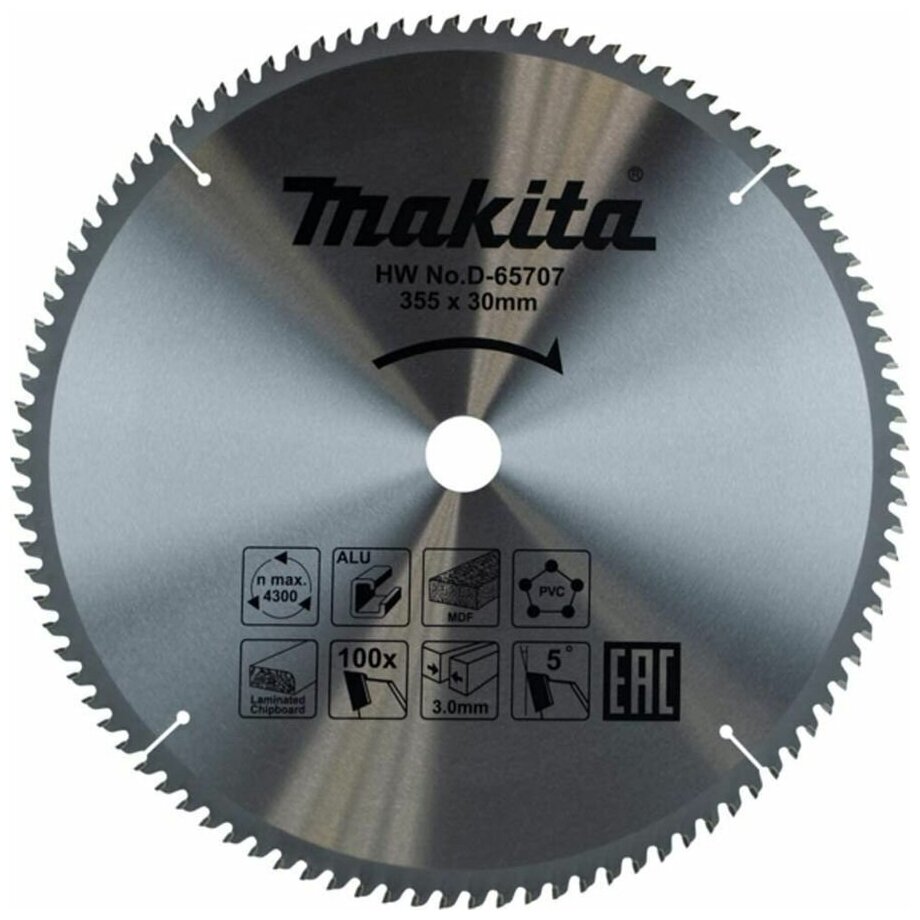 Пильный диск универсальный для алюминия/дерева/пластика, 355x30x100T Makita D-65707