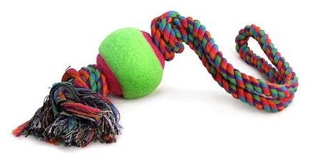 Triol игрушка для собак "Верёвка с петлей, 2 узла и мяч", d 65/450 мм - фотография № 1