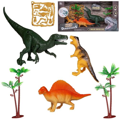 Игровой набор Junfa Динозавры (большой зеленый динозавр, 2 динозавра, детали для сборки динозавра, 2
