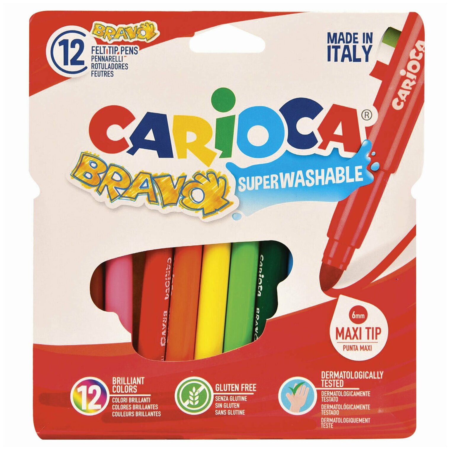 Фломастеры утолщенные Carioca "Bravo", 12 цветов, суперсмываемые (42755)