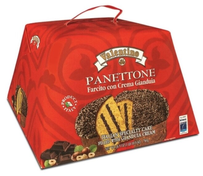 Кекс (кулич) Panettone VALENTINO с шоколадно-ореховым кремом "Джандуйя" 750г, Италия - фотография № 1