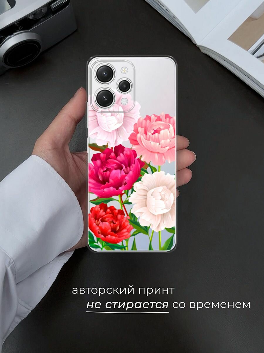 Чехол на Xiaomi Redmi 12 5G / Сяоми Редми 12 5G с принтом "Большие пионы", прозрачный — фото 1