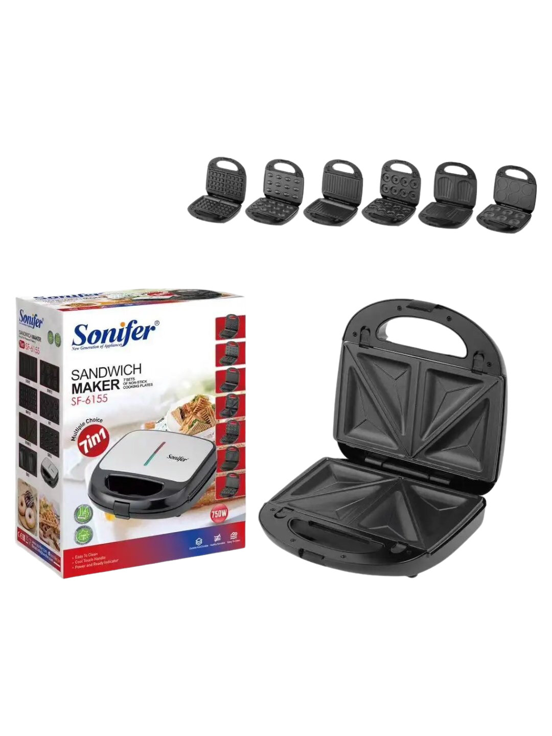 Сэндвичница Sonifer SF-6155, индикатор работы, антипригарное покрытие, 750 Вт, 2 порции
