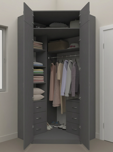 Изображение товара Шкаф угловой распашной Анри-14 с антресолью, 6 ящиками, 5 полками и штангой для вешалок, графит