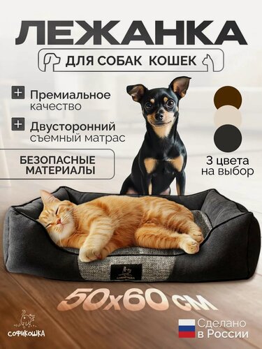 Изображение товара Лежанка Софикошка, для кошек и мелких собак, с двусторонней подушкой, серая, 60x50x15 см