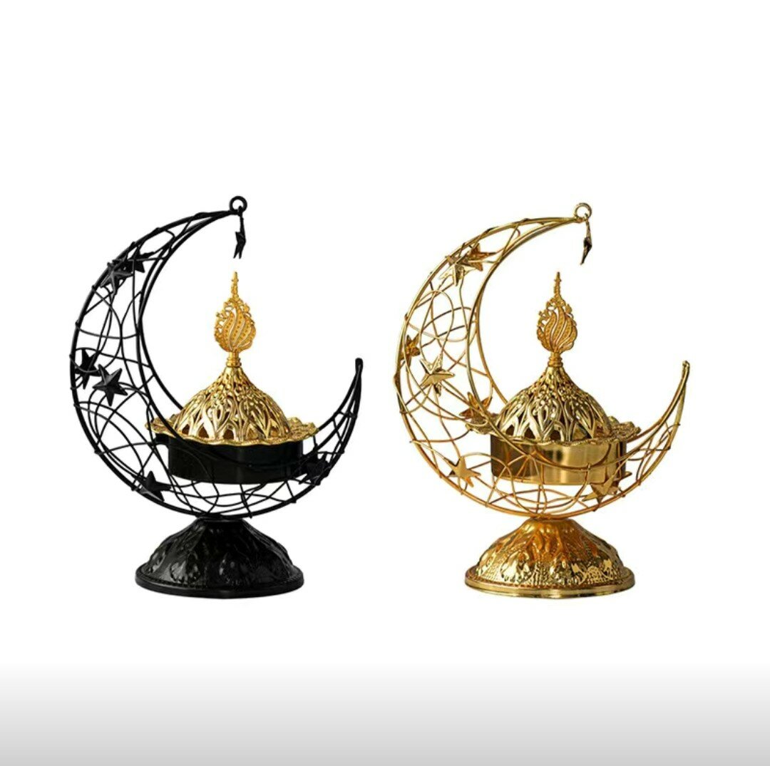 Аромакурильница для благовоний «Полумесяц» с крышкой, металлическая, декоративная, золотая / черная