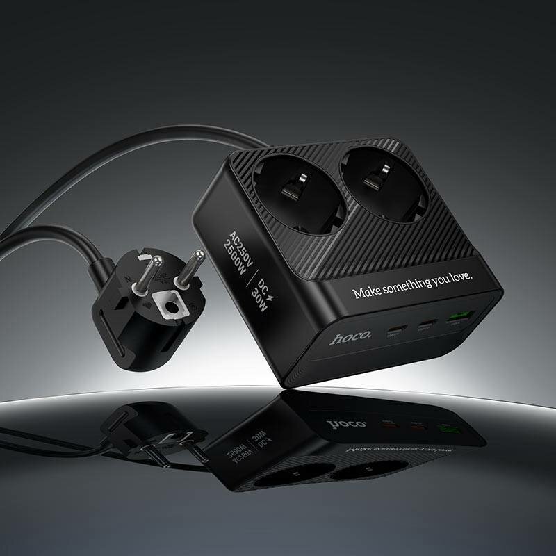 Сетевой фильтр HOCO AC27 Descanso, 2 розетки, PD 30W, 1×USB-A + 2×Type-C, 2500W, кабель 2 м, чёрный — фото 1