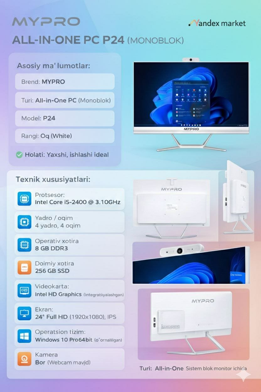 Моноблок MYPRO P24 / Intel Core i5-2400 / 8GB RAM / 256GB SSD / 24" / Windows 10 Pro — фото 1