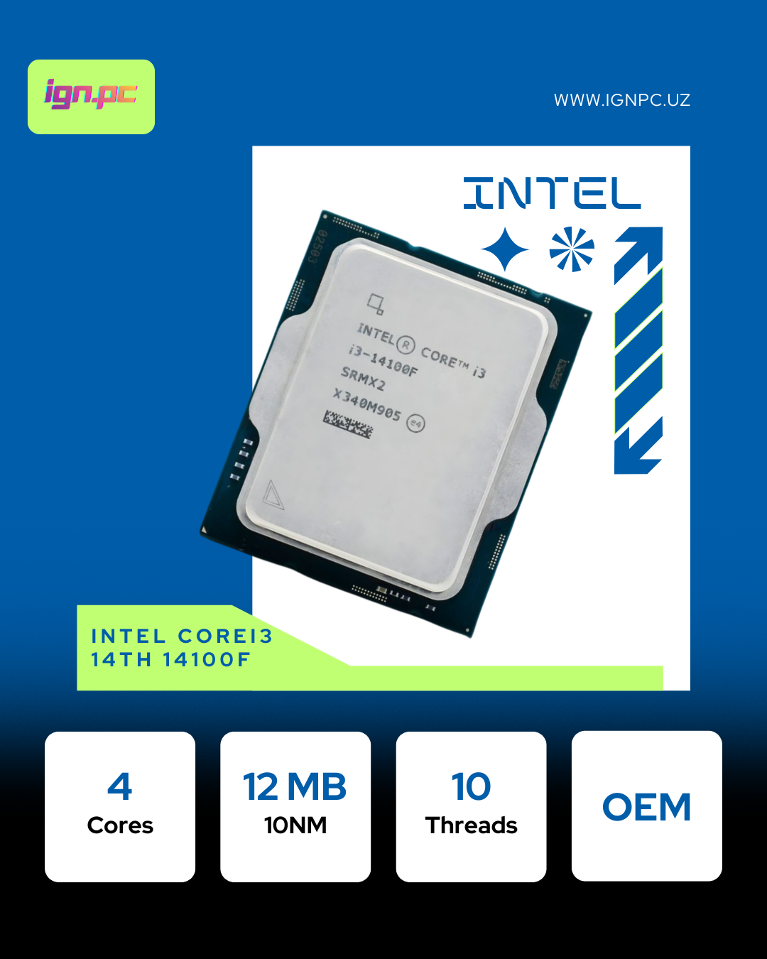 Intel-Core i3 - 14100, 3.5 GHz, 12MB, oem, LGA1700, Raptor Lake