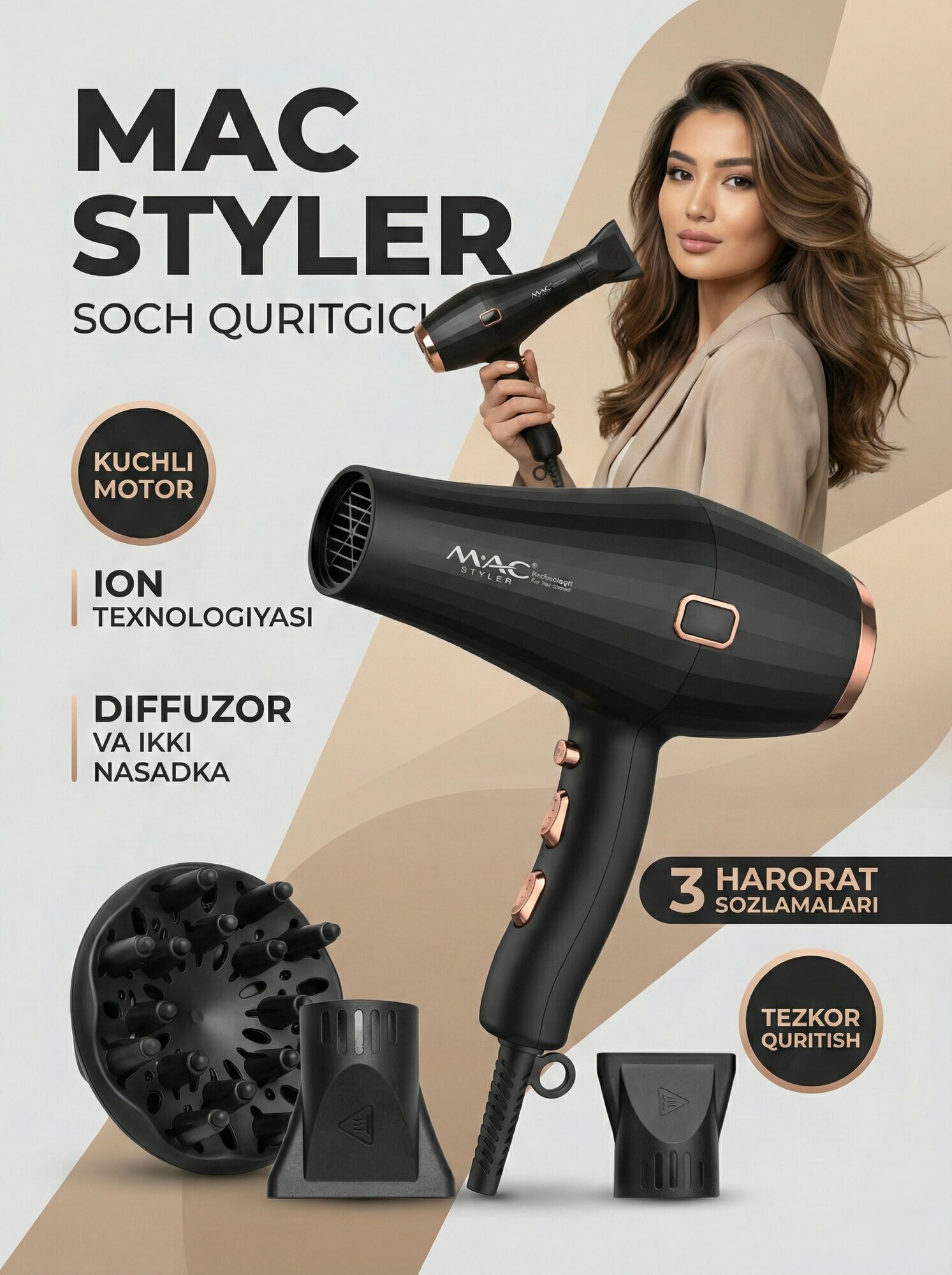 Профессиональный фен для волос M.A.C styler MC-6641, для сушки и укладки с ионизацией , Led Екраном 3in1