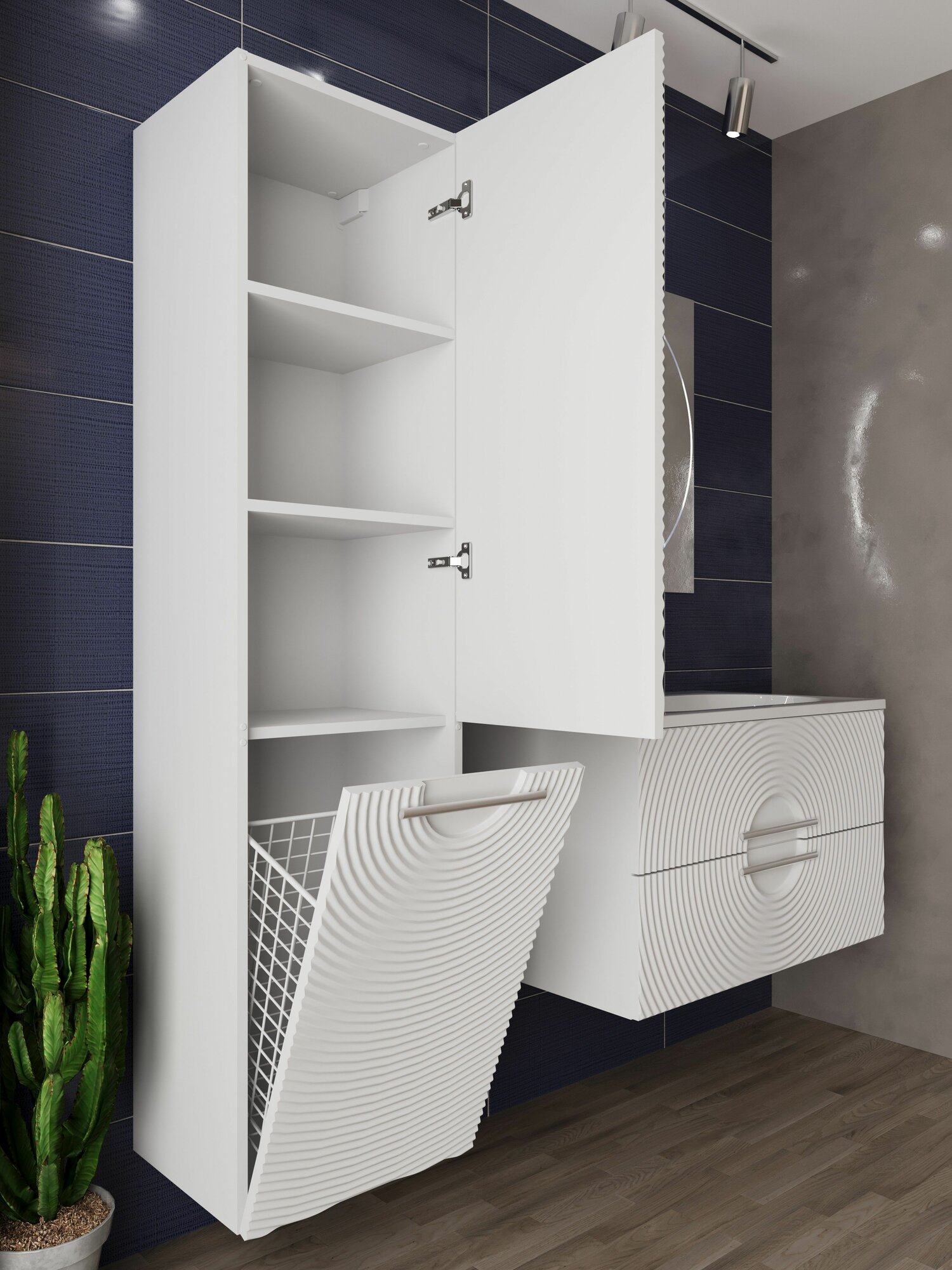 Шкаф пенал для ванной с корзиной для белья подвесной SOLE белый аквакрафт, правое открывание