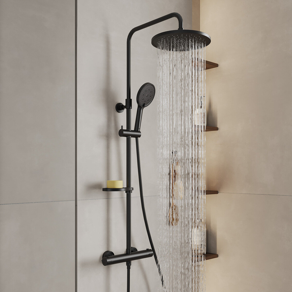 Душевая система Milardo Ideal Spa ILSBLTHM89 с тропическим душем и термостатом черный матовый — фото 1