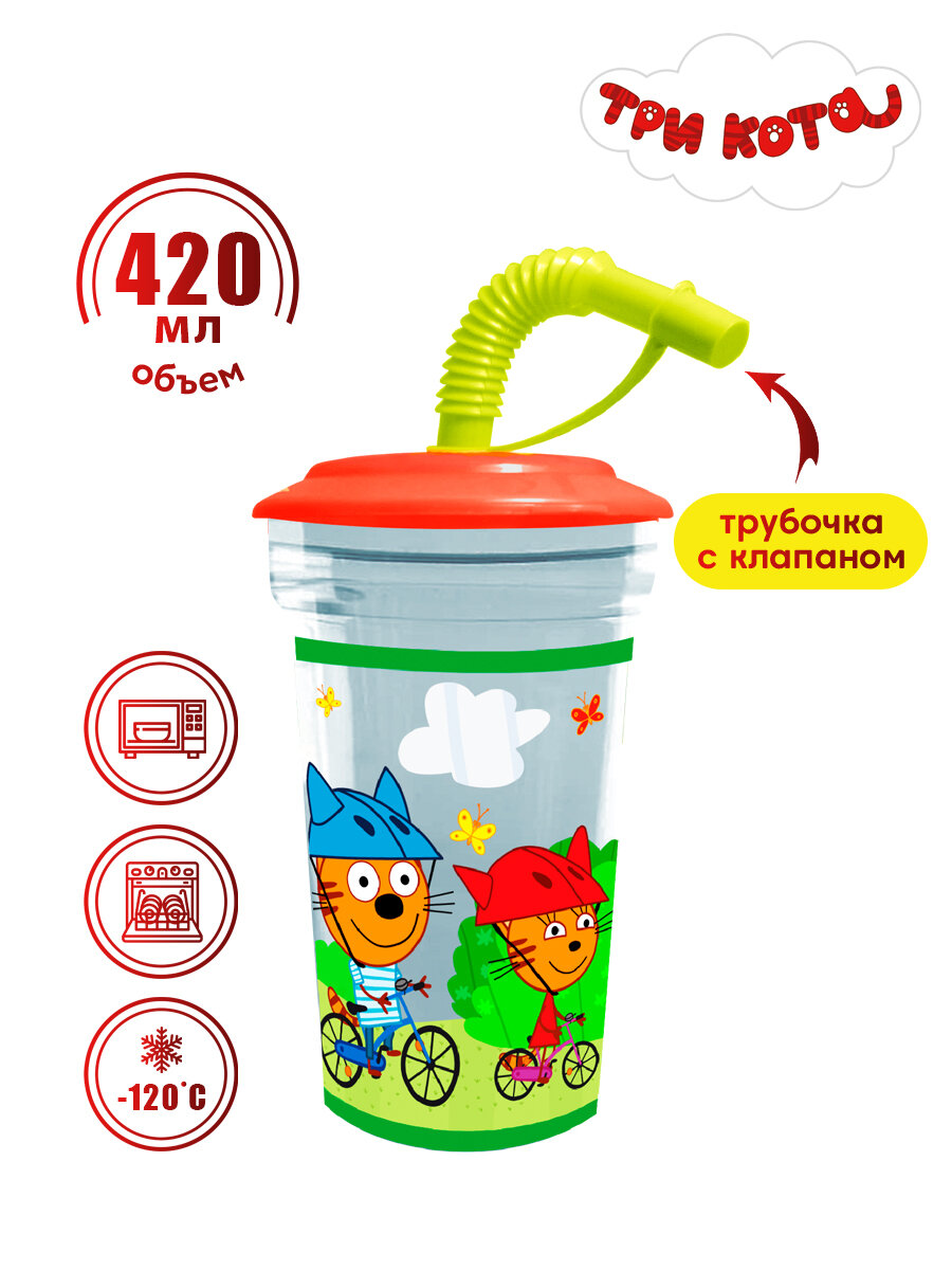 Пластиковый стакан с крышкой Поильник с трубочкой 420 мл Три кота дизайн 5 ND Play