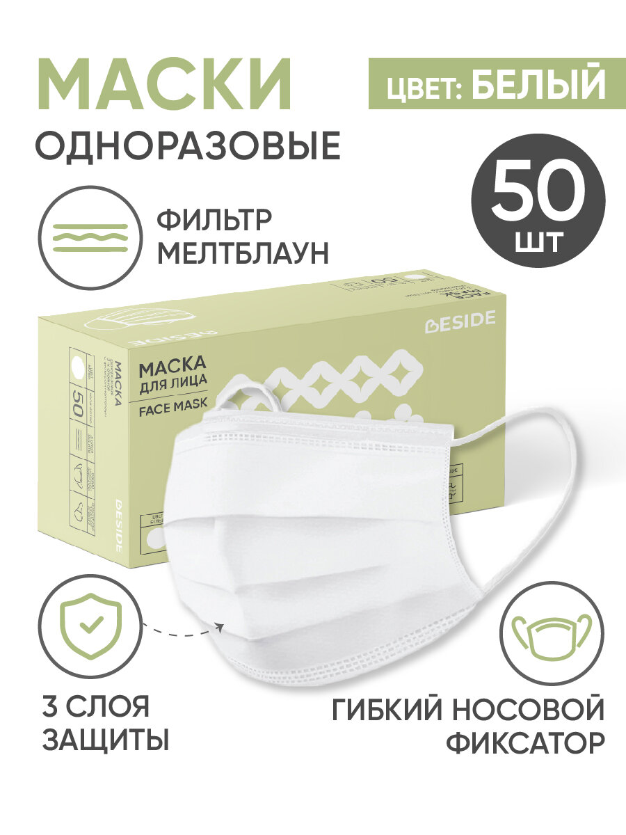 Маски медицинские одноразовые для лица BESIDE 50 шт белые трехслойные мелтблаун для взрослых и детей набор гигиенических защитных масок