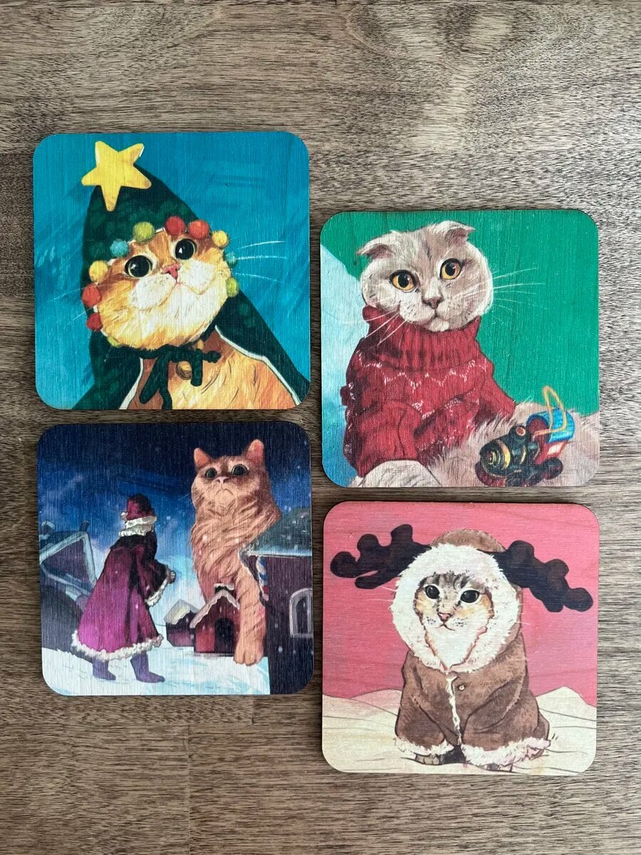Новогодние подставки под кружку и стаканы Котики 4 шт