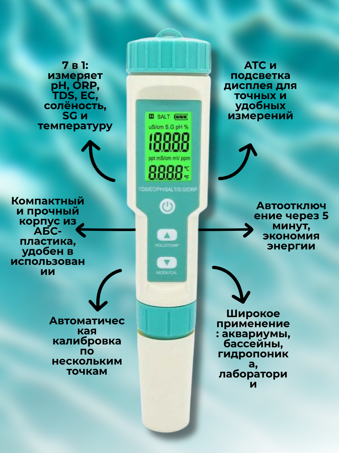 Измеритель состава воды, 7 в 1, PH ORP TDS EC Salinity SG С подсветкой