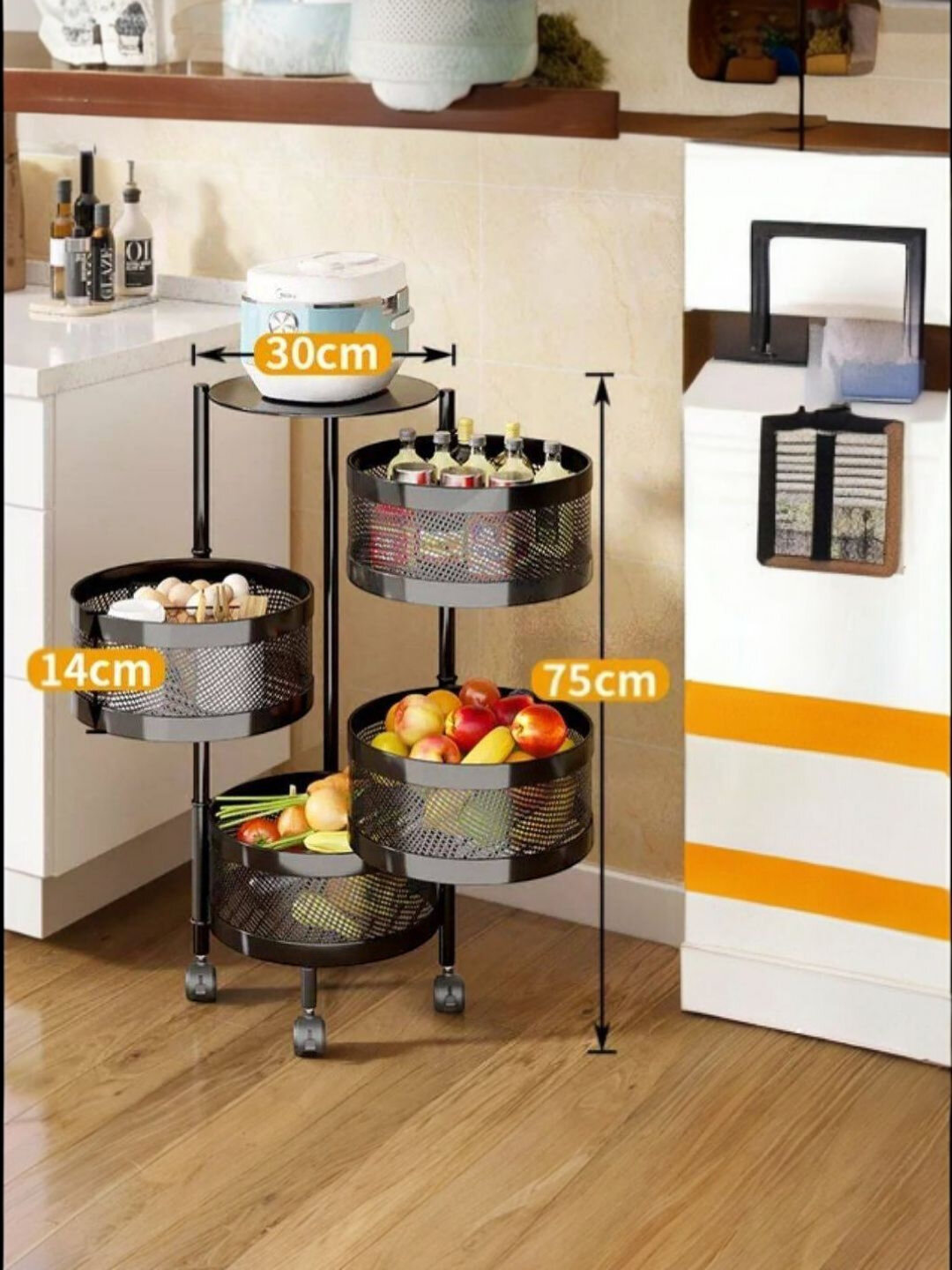 Этажерка круглая на колесиках для кухни и ванной черный и белый