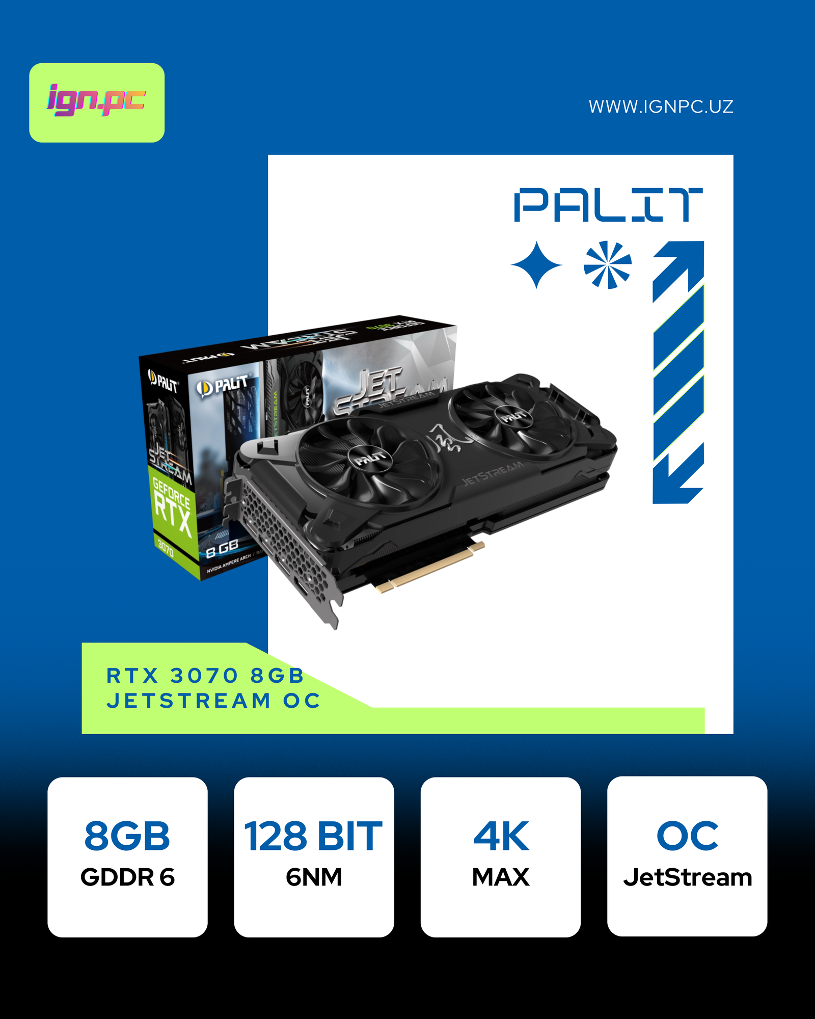 Видеокарта Palit GeForce RTX 3070 JetStream OC, 8 ГБ, GDDR6, 256 бит, 3 DP, HDMI, LHR