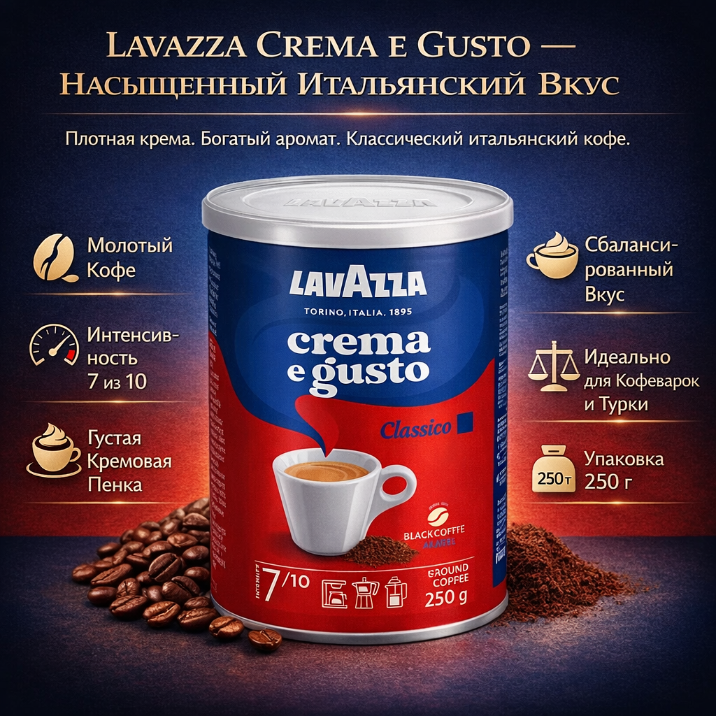Кофе Lavazza "Crema&Gusto", молотый, степень обжарки средняя+, 250 г