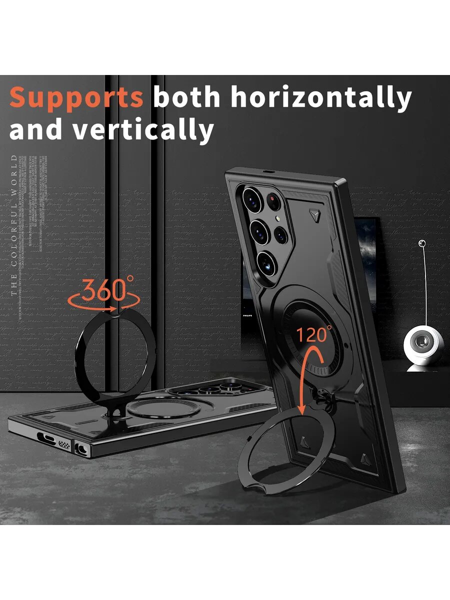 Чехол О'кейси, для Samsung Galaxy S25 Ultra, с кольцом-держателем, прозрачный, чёрный — фото 1