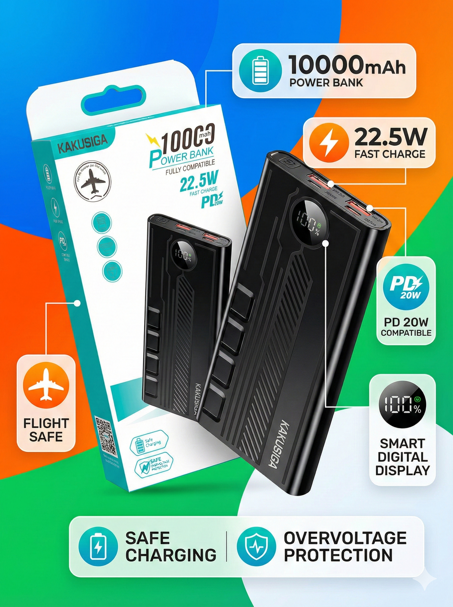 Портативный аккумулятор POWER BANK KAKUSIG KSC-1094 10000mAh Черный с быстрой зарядкой и компактным дизайном