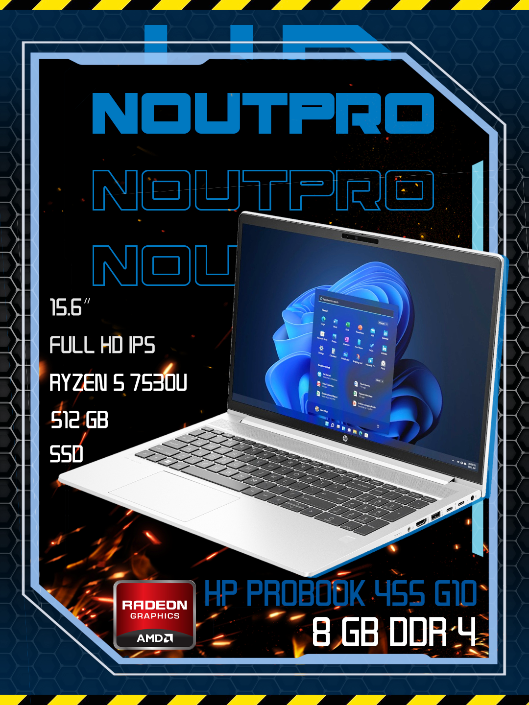 Ноутбук HP ProBook 455 G10, AMD Ryzen 5 7530U, RAM 8GB DDR4/SSD 512 ГБ, 15.6″ Full HD IPS