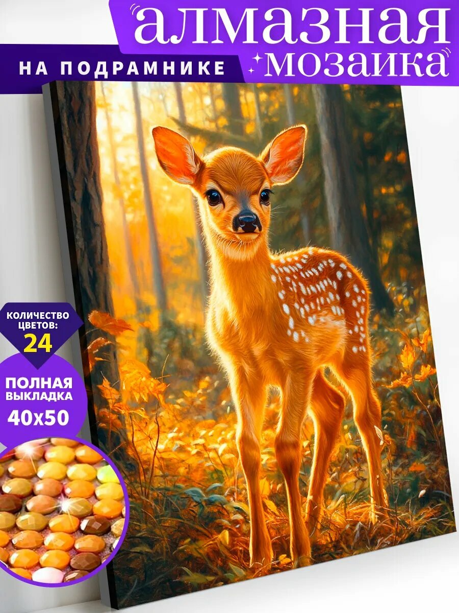 Алмазная мозаика на подрамнике 40х50 см "Оленёнок в лесу"