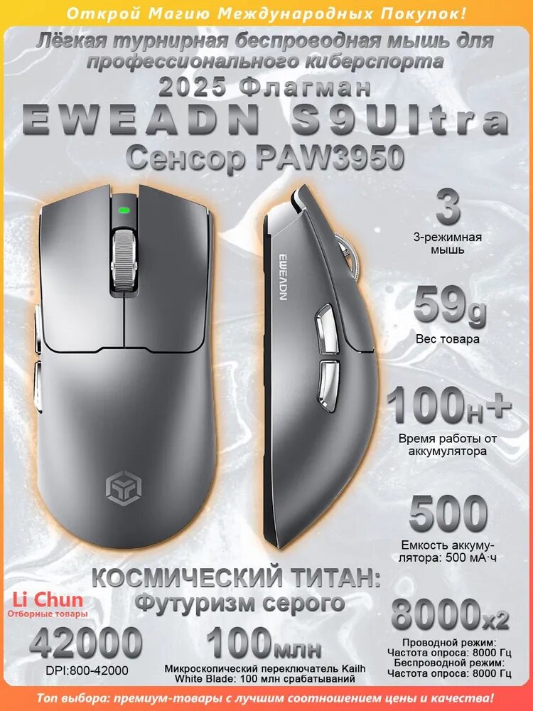 Игровая мышь Eweadn S9 ULTRA SILVER, 42000 DPI, 8K, аккумулятор 500 мАч, подключения: проводное/2,4 ГГц/Bluetooth.