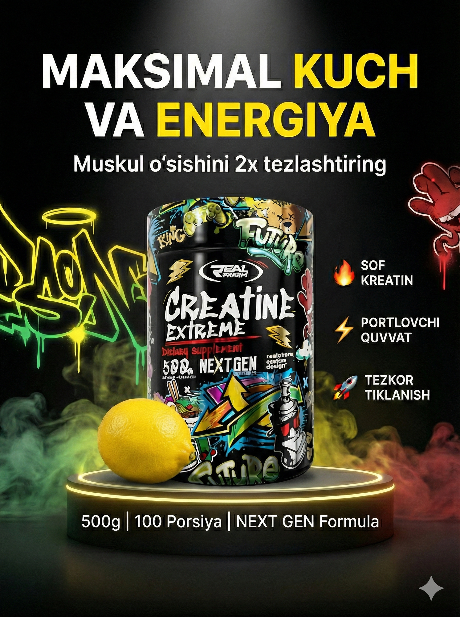 REAL PHARM Creatine Extreme 500 г Лимон — порошковая добавка для увеличения мышечной массы и силы