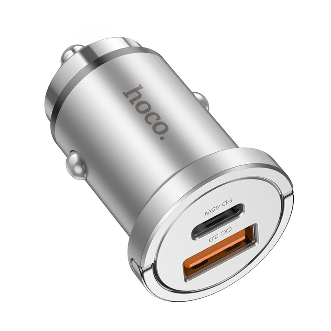 Автомобильное зарядное устройство, 1 USB QC3.0+1 PD 45W (NZ10), HOCO, серебряный — фото 1