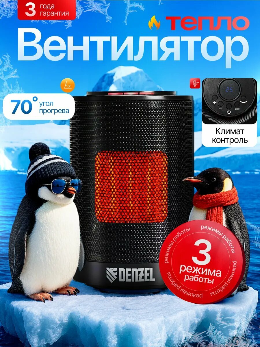 Тепловентилятор Denzel керамический напольный 3 режима 1200Вт