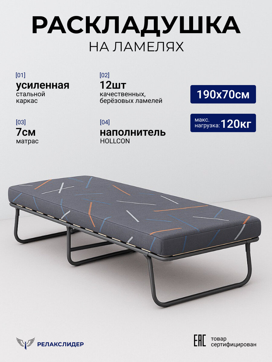 Раскладушка кровать взрослая на ламелях с матрасом усиленная для дома 190 х 70 размер складная