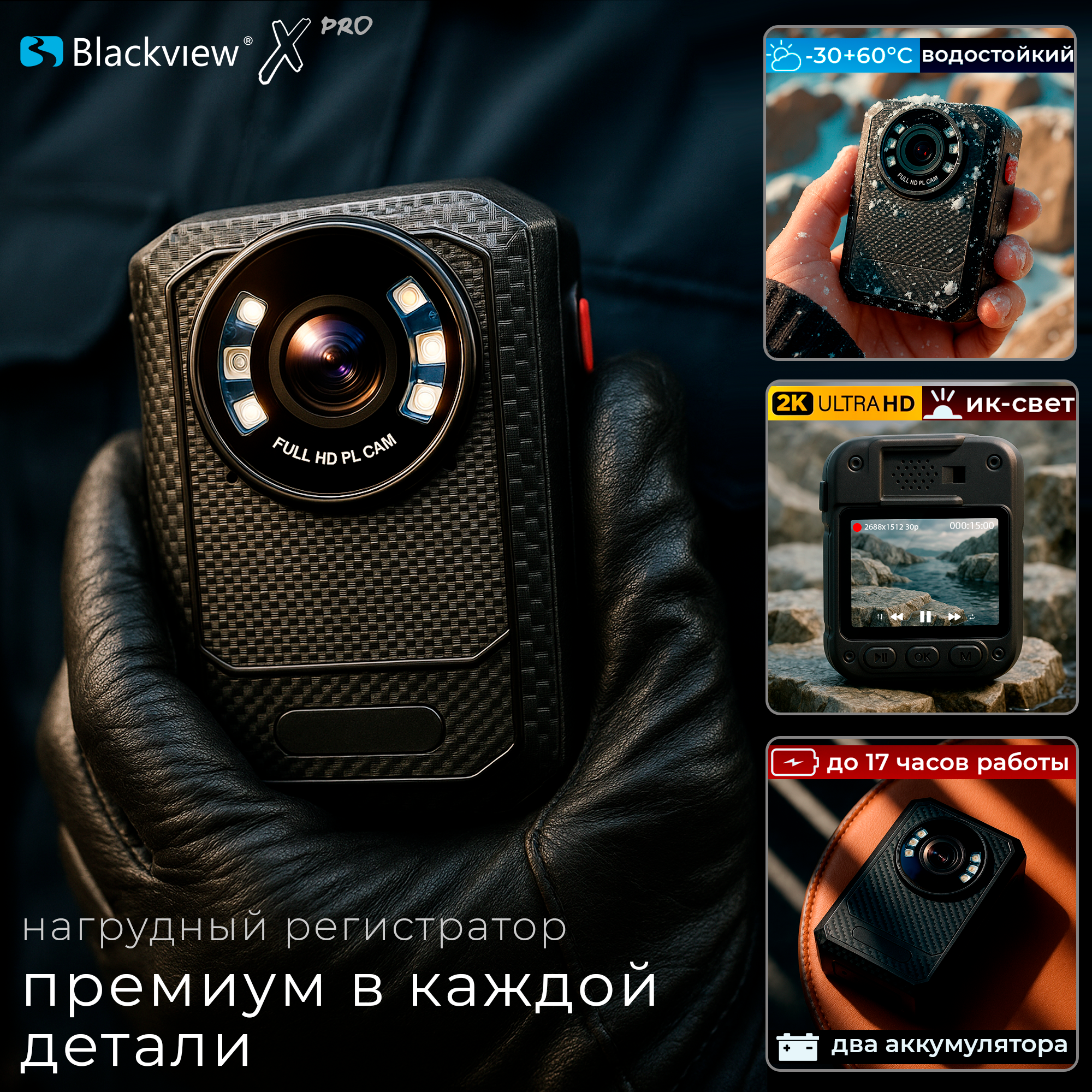 Персональный видеорегистратор Blackview X PRO 32Gb — 33 Мп, 170°, 4G, Wi-Fi, GPS, IP65, ИК-подсветка, до 17 часов работы