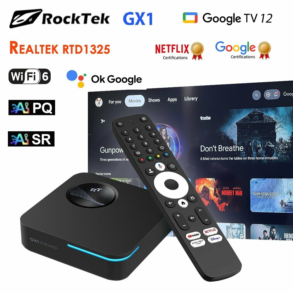 Смарт ТВ приставка RockTek GX1 4ГБ/32ГБ Realtek1325 Google TV 12 Медиаплеер