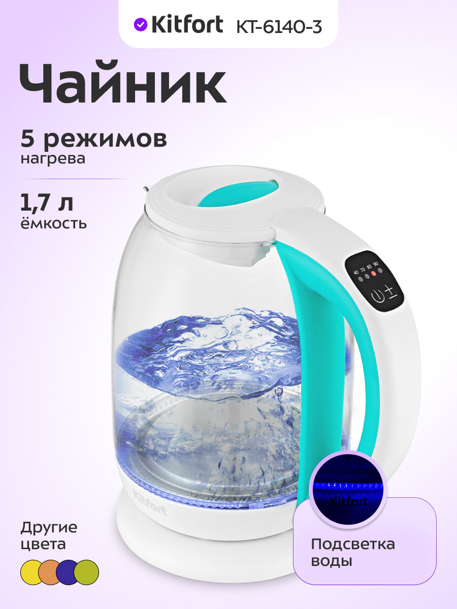 Чайник Kitfort KT-6140-3 бело-бирюзовый