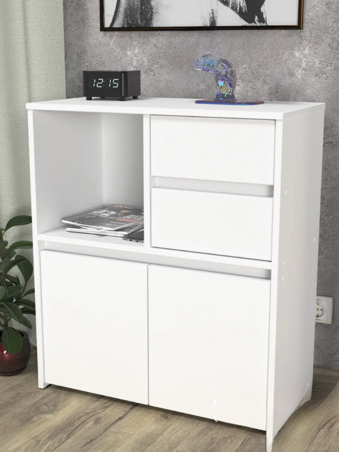 Минималистичный белый шкаф с двумя ящиками, открытой полкой и нижними дверцами для хранения вещей