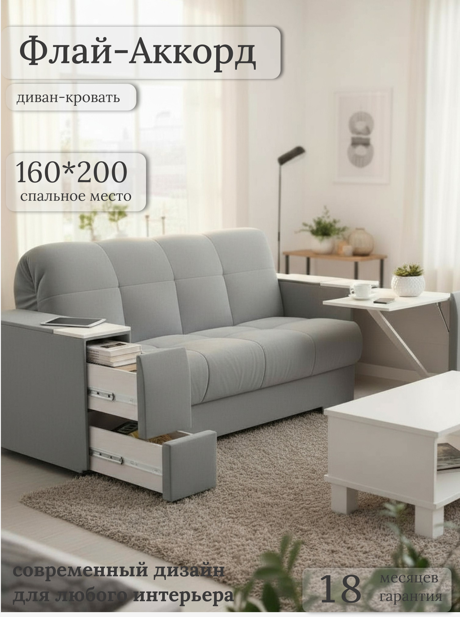 Диван-кровать аккордеон Флай -Аккорд 160х200 спальное место, матрас ППУ, НПБ со столиком